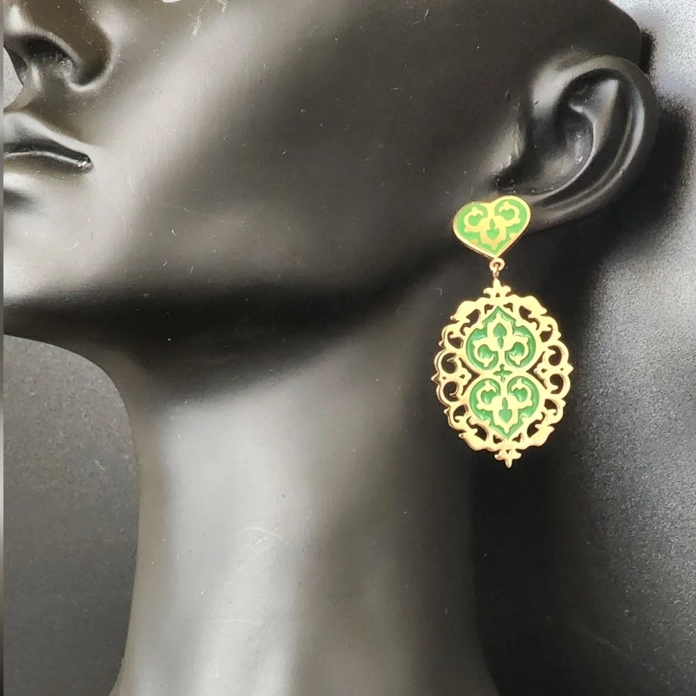 Stainless Steel Gold & Green Drop Earrings